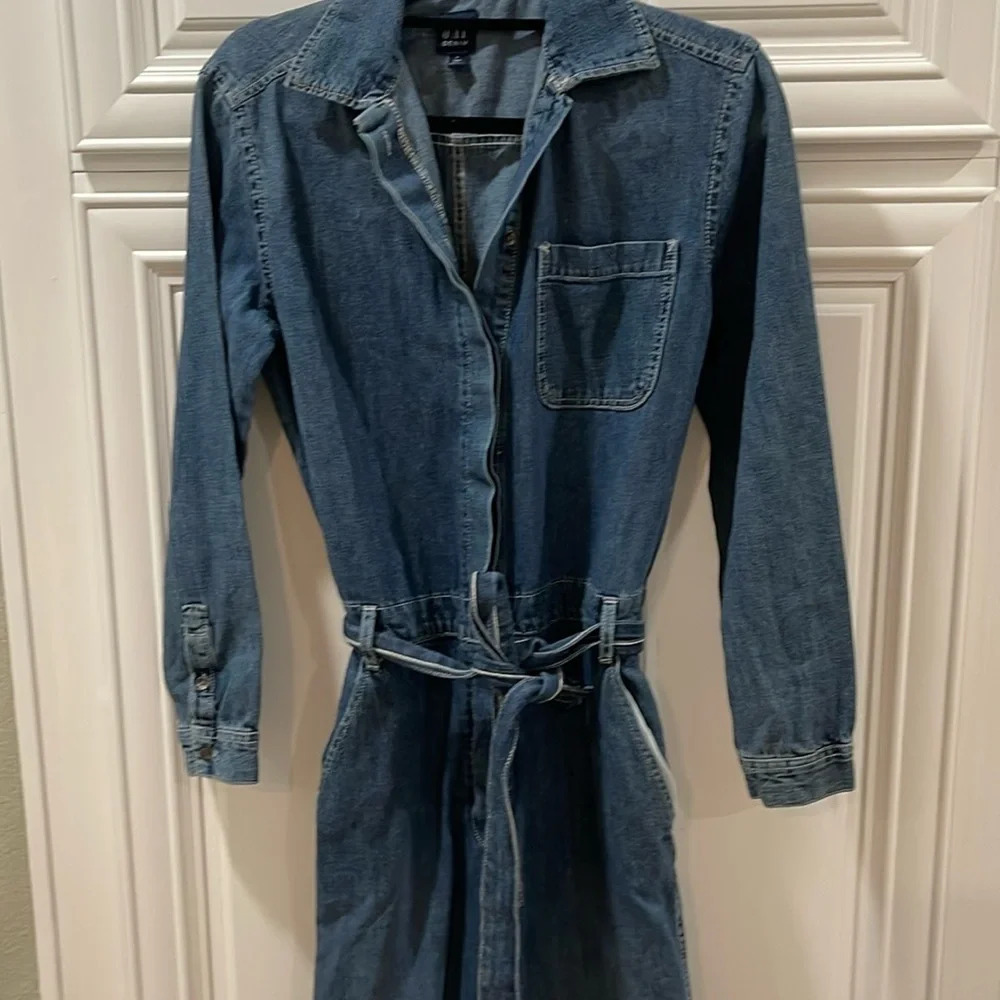 Gap blue denim work Jumpsuit Overalls wide leg tie belt size 4T tall - Picture 7 of 16
